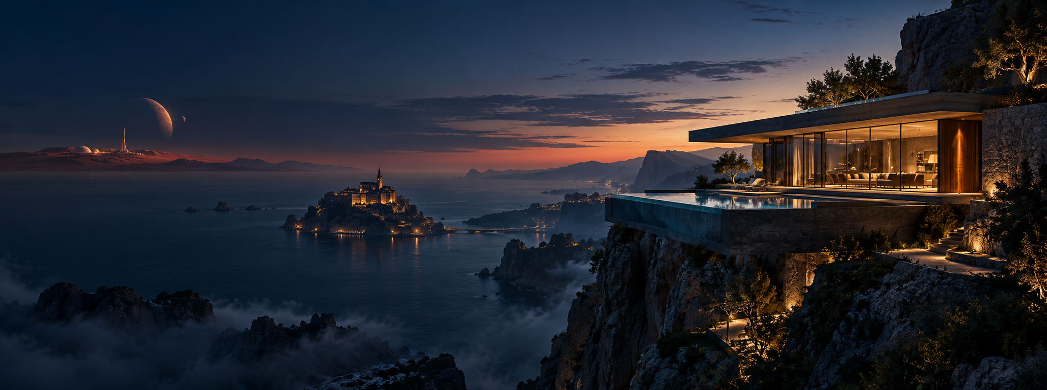 A conceptual extraordinary cliffside home overlooking an island castle and a future habitat